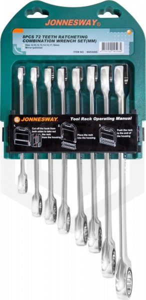 Jonnesway W45308S Набор ключей гаечных комбинированных трещоточных на держателе, 8-19 мм, 8 предметов Jonnesway W45308S Набор ключей гаечных комбинированных трещоточных на держателе, 8-19 мм, 8 предметов