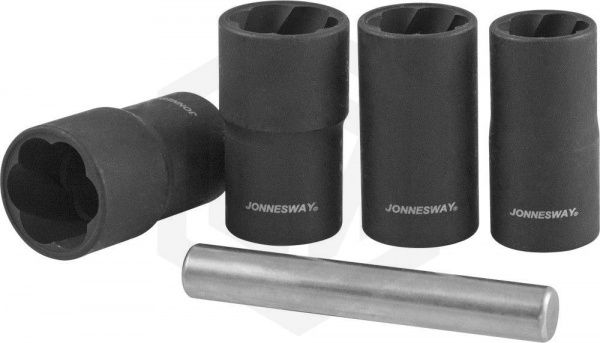 Jonnesway AN040120 Спиральные головки для демонтажа поврежденного крепежа в наборе, 17, 19, 21, 22 мм, 5 предметов