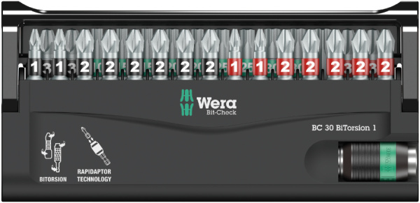 Bit-Check 30 BiTorsion 1 набор бит торсионных с битодержателем Rapidaptor, 30 пр., 1/4" C6.3