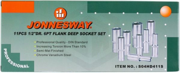 Jonnesway S04HD411S Набор головок торцевых глубоких 1/2"DR, 10-24 мм, 11 предметов