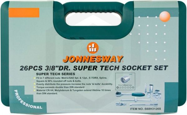 Jonnesway S68H3126S Набор головок торцевых 3/8"DR Super Tech, 26 предметов