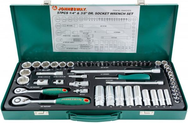 Jonnesway S04H3157S Набор головок торцевых стандартных и глубоких 1/4" и 3/8"DR, 4-24 мм, 57 предметов