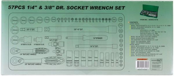 Jonnesway S04H3157S Набор головок торцевых стандартных и глубоких 1/4" и 3/8"DR, 4-24 мм, 57 предметов