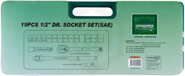 Jonnesway S05H4219S Набор головок торцевых дюймовых 1/2"DR, SAE 3/8"--1-1/4", 19 предметов