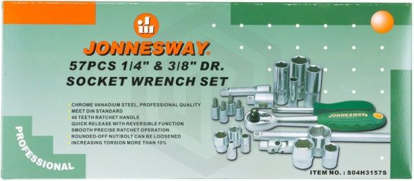 Jonnesway S04H3157S Набор головок торцевых стандартных и глубоких 1/4" и 3/8"DR, 4-24 мм, 57 предметов