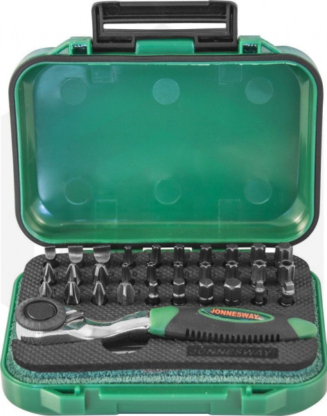 Jonnesway RD01032S Набор рукоятка трещоточная миниатюрная 1/4"DR со вставками-битами, 32 предмета Jonnesway RD01032S Набор рукоятка трещоточная миниатюрная 1/4"DR со вставками-битами, 32 предмета