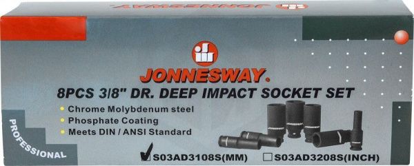 Jonnesway S03AD3108S Набор головок торцевых ударных глубоких 3/8"DR, 10-19 мм, 8 предметов